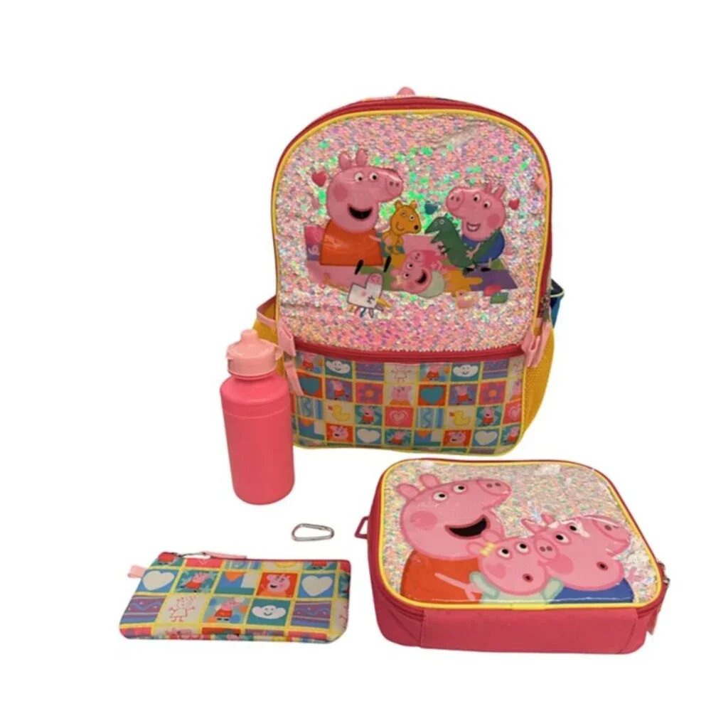 Peppa Pig Girls Pink 16 inch Backpack 5pc Set Lunch Bag Gadget Case New
